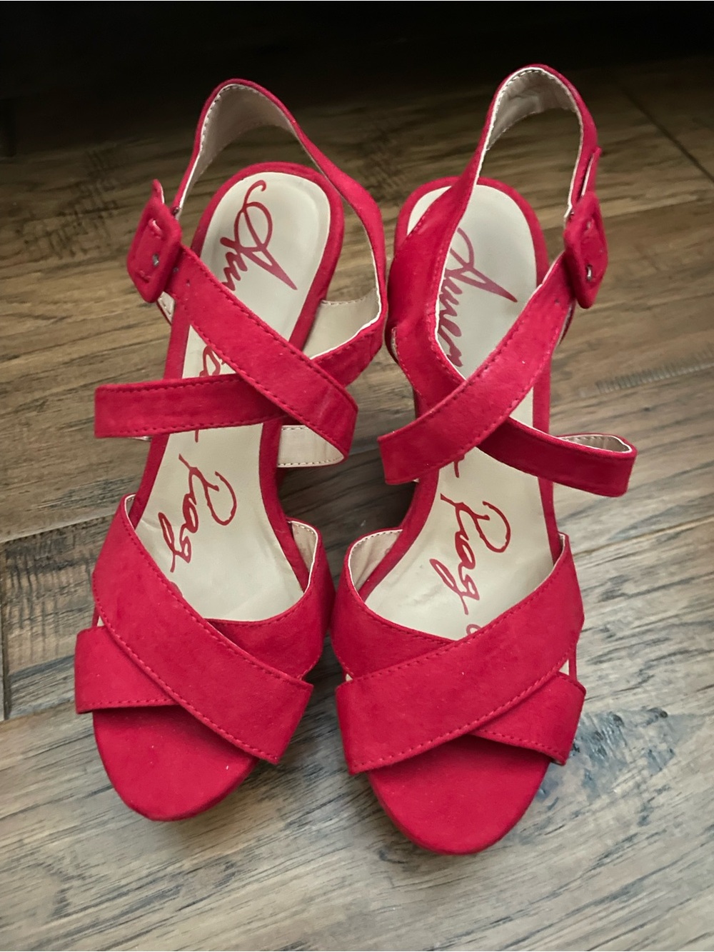 American Rag Red Suede Crisscross Slingback Heels